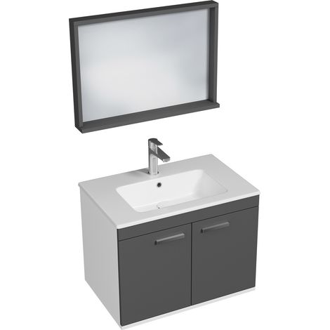 RUBITE Meuble salle de bain simple vasque 2 portes gris anthracite largeur 70 cm + miroir cadre