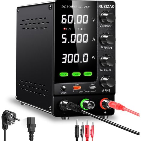 Alimentation de Laboratoire 60V 5A Alimentation Stabilisée Réglable avec OCP/OVP/Interrupteur de Sortie/Encodeurs de Précision, Alimentation de Banc de Laboratoire avec 18W USB Charge Rapide (1/5)