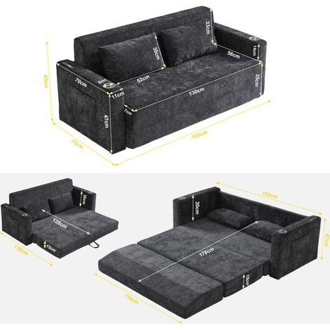 Divano letto 2 posti pieghevole, ciniglia nera e grigia con USB, 2 cuscini OKMYHOME (1/5)