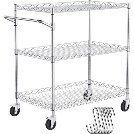 Structure chromée, chariot utilitaire 3 niveaux sur roues, charge 300 kg avec 6 crochets (1/5)