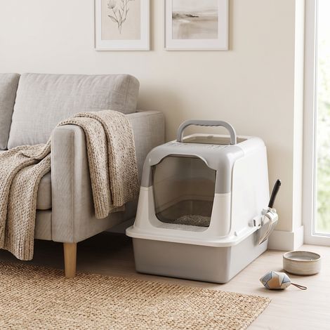 Maison de toilette pour chat bac à litière fermé bac acier inoxydable, nettoyage facile, 60,4 x 40,4 x 41,8 cm, blanc (1/5)