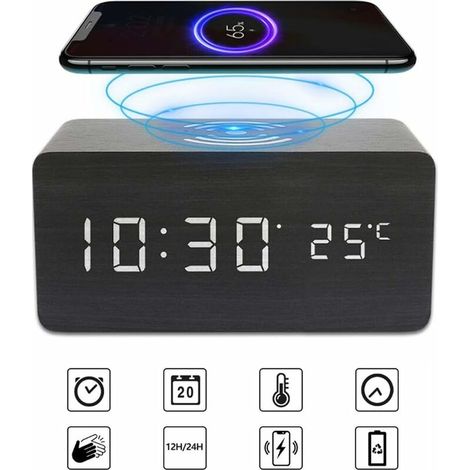 royaluxe -Réveil lumineux Thermomètre Numérique Réveil Numérique Bois Réveil À Bois Led Digital Avec Chargeur Sans Fil, Réveil En Bois Avec Chargeur À Induction Chargeur Sans Fil Pour Chambre/Bureau (1/5)