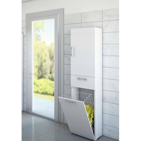 Dmora - Armario multiusos Dcosim, Mueble lavadero lineal con 2 puertas, Columna de baño con cesto de ropa, 100% Made in Italy, 45x32h195 cm, Blanco (1/5)