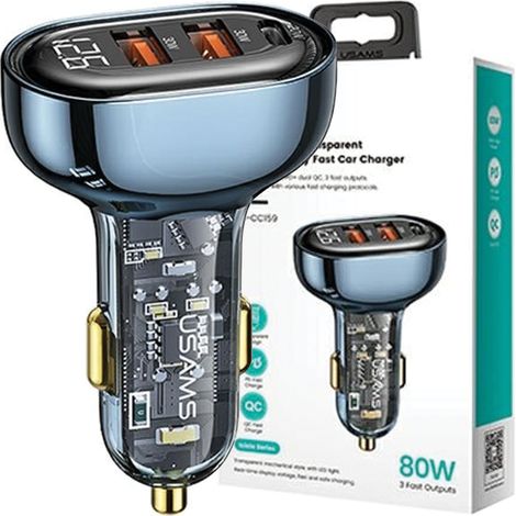 Usams Autoladegerät 2xUSB+1xUSB-C 80W Schnellladung blau/blau CC159CC02 (US-CC159) (1/5)