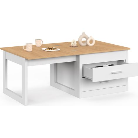 Tavolino allungabile e trasformabile in tavolo da pranzo AMAYA 120 cm, 2 moduli con 2 cassetti, bianco e legno (1/5)