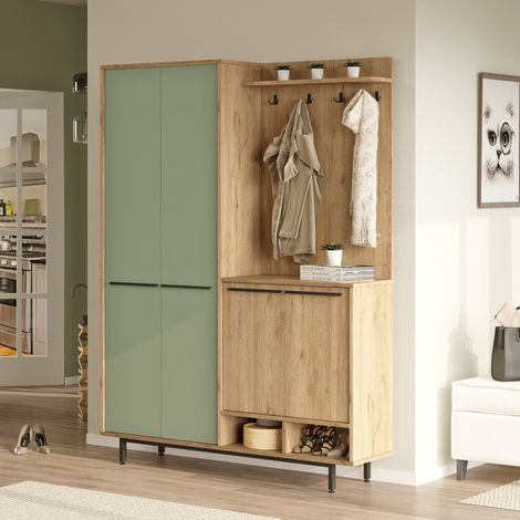 Mueble de Entrada Tignale, Perchero, 12 Estantes, Puerta Abatible, 147x36x196h cm Verde Salvia (1/5)