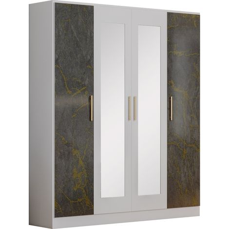 Armoire de chambre 4 portes battantes bois blanc et bois gris brillant marbré doré Dova 162cm (1/4)
