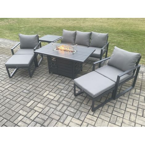 Fimous Aluminium Patio Outdoor Garden Furniture Lounge Sofa Set Gas Fire Pit Dining Table with Side Table 2 Big Footstools Dark Grey (1/5)