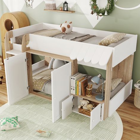 White High Sleeper Wooden Bed - 3ft Single Bed (90x190cm) with Storage Cabinets & Three-Step Ladder, Pine+MDF+Plywood Construction (1/5)