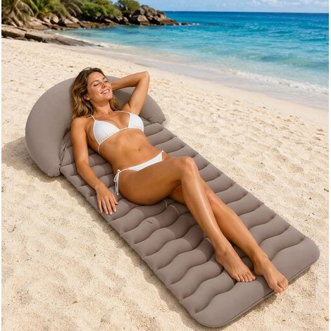 Tapis de Plage Gonflable avec Oreiller, 178 x 76 cm Matelas Gonflable en PVC Floqué pour Plage, Piscine, Camping, Jardin et Maison, Utilisation sur Terre et Eau, jusqu'à 200 kg (1/5)