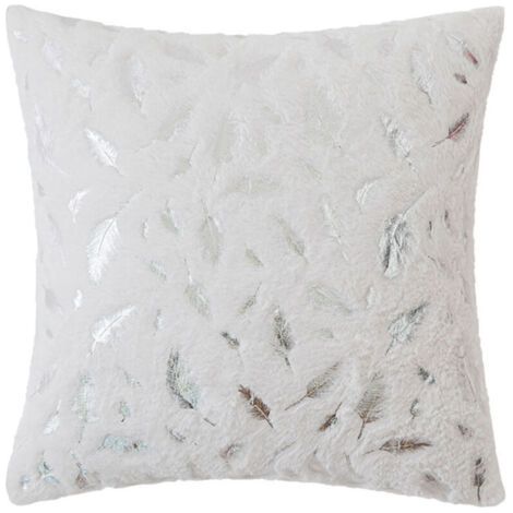 BUNTHAUS Housses de coussin en fausse fourrure ivoire de luxe, 45x50 cm, avec motifs feuilles argentées, décoratives pour canapé, lit, Noël.