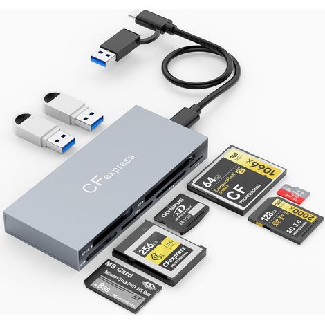 8-in-2 CFexpress Typ B Kartenleser mit 2 x 10 Gbit/s USB-Anschlüssen, USB 3.2 Gen2 10 Gbit/s CF Express Kartenleser-Hub für CFexpress B/SD/TF/CF/XD/MS/USB, gleichzeitiges Lesen an 8 Anschlüssen, für W