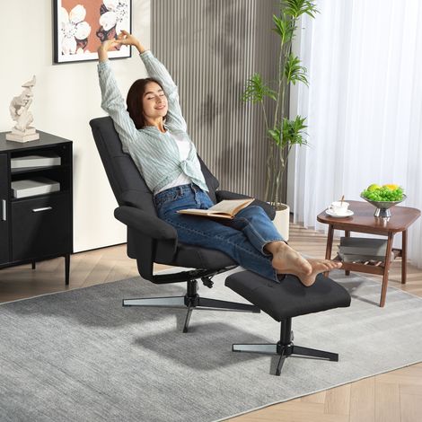 Sillón reclinable con reposapiés, giratorio, con función de balanceo, aspecto aterciopelado, hasta 150 kg, negro.