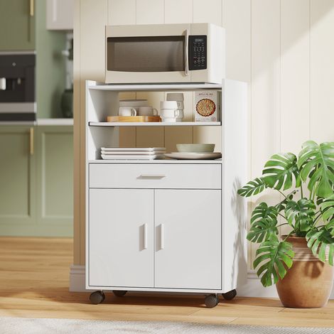 Mueble para microondas, estante, armario de doble puerta, cajón, ruedas, blanco (1/5)