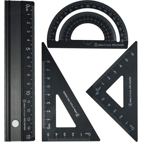 Ensemble de règle d'échelle d'architectes en métal - Ensembles de géométrie de Dessin Technique 4 PCS, Outil de géométrie mathématique, rapporteur, Triangulaire (Noir) (1/4)