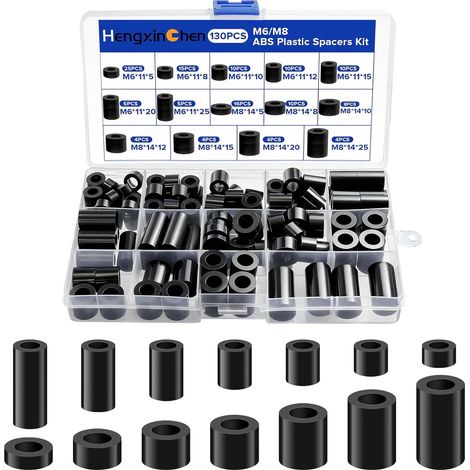 130 Pièces ABS Entretoises Plastiques Rondes 14 Tailles, Noir Rondelle M8 M6, Rondelles Plastiques, Non-Filetées Entretoises pour Connexion de Circuits Imprimés (1/5)