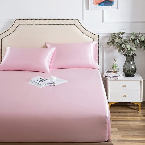 Damier Drap-housse en satin de soie 90x200cm Rose Satin brillant Drap-housse en satin, adapté pour des matelas jusqu'à 25cm (1/5)