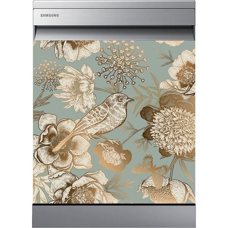 Stickers Lave vaisselle - Fleurs Oiseau - 60x60 cm - Adhésif BRILLANT (1/2)