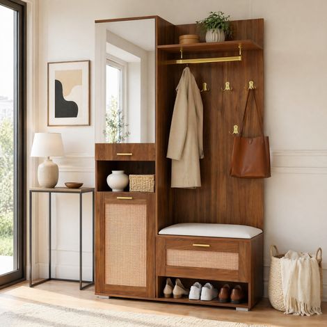 MEUBLIV Vestiaire d'entrée 110x38x190 cm brun – miroir, LED 16 couleurs et banc (1/5)