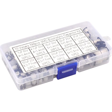 180 Pièces Condensateurs Électrolytiques Aluminium CMS - 16-50V, 1uF à 1000uF, 10 Valeurs Différentes, Kit avec Boîte de Rangement (1/5)