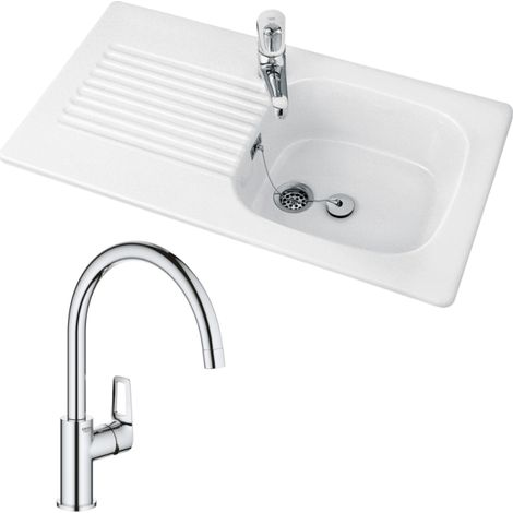 Evier 1 bac VILLEROY ET BOCH Tudor + mitigeur cuisine GROHE Bauloop bec haut