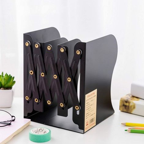 2 Serre-livres, Métal noir, Réglable, Acier inoxydable, Extensible, Pour bureau, Maison (1/5)