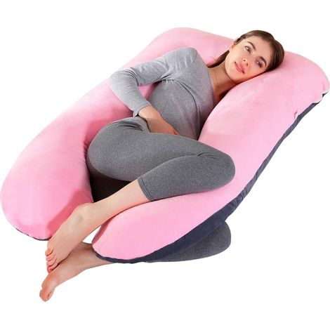Cuscino per gravidanza a forma di U, per tutto il corpo, in velluto lavabile, con fodera sostituibile, 70 x 145 cm (grigio scuro/rosa) (1/5)