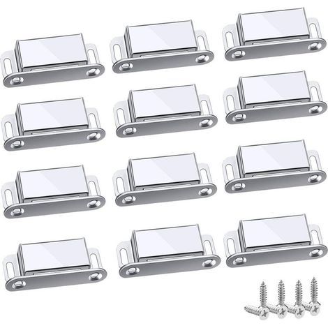 Loquets magnétiques, lot de 12, puissants et robustes, jusqu'à 6 kg, pour tiroirs, portes de douche, armoires, placards, meubles (45 mm - 12 pièces) (1/5)