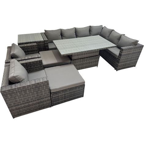 Fimous 10 Seater Rattan Height Adjustable Rising Lifting Table Corner Sofa Sets with 2 Chairs 2 Big Stools Side Table Dark Grey Mixed (1/5)