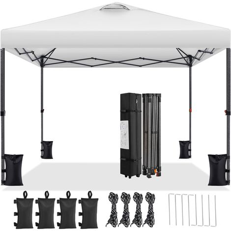 Yaheetech Carpa Plegable 3x3M Impermeable Protección UV50+ Altura Ajustable 262-282cm Cenador de Jardín Gazebo Plegable con 1 Bolsa 4 Sacos de Arena para Terraza Patio Playa Camping Jardín Blanco