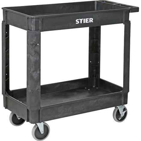STIER Kunststoff-Vielzweckwagen mit 2 Etagen und 4 lenkbaren Rollen, 250 kg Tragkraft, Maße: 870 x 430 x 850 mm, Montagewagen, Werkzeugwagen, Farbe grau