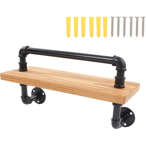 Étagère murale flottante rétro en tuyaux de fer forgé et planches de bois, style linéaire, idéale pour un bar ou une cuisine. (1/5)