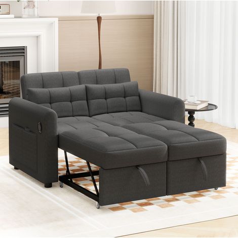 Sofá 142x85 Cm Convertible 3-en-1 Tela Algodón-lino Gris, Respaldo Ajustable Y Puertos USB (1/5)
