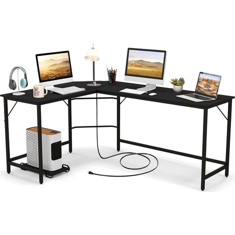 COSTWAY Escritorio Esquinero con Toma de Corriente, 168x125 cm, Escritorio en L Grande con Soporte para CPU, Marco de Metal, Mesa en L Oficina (Negro) (1/5)