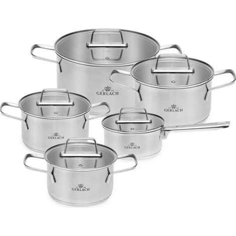 Lot De 5 Casseroles Faitouts En Inox Avec Couvercles En Verre Ø16cm / Ø16cm / Ø18cm / Ø20cm / Ø24cm Tous Feux Dont Induction Passe Au Lave-vaisselle (1/5)