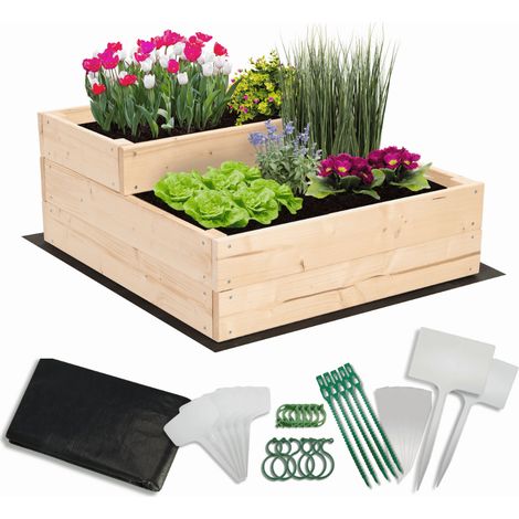 MODO24 Carré potager surélevé en bois, 2 niveaux en cascade, 27x60x63 cm, jardin/terrasse, kit jardinier inclus, naturel