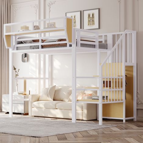 Lit mezzanine 90x200 avec échelle de sécurité et étagère modulable, métal et MDF, blanc OKMYHOME (1/5)