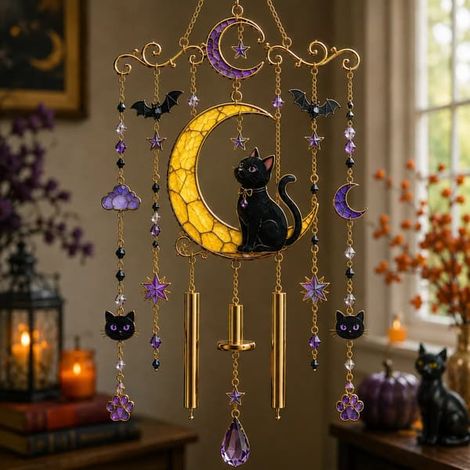 Carillon d'Halloween en vitrail, attrape-soleil en acrylique avec motif fantôme, chat, lune et sorcière, 20/30 cm L 30 cm (1/5)
