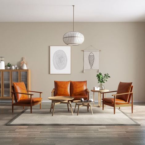 3-tlg. Sofagarnitur Echtleder mit Massivholz Akazie Braun vidaXL (1/5)