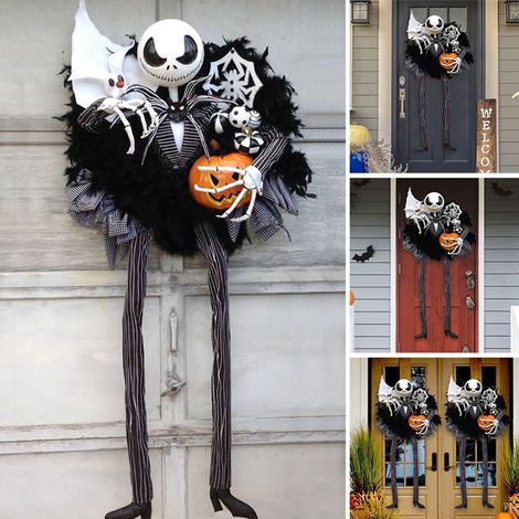 Gruseliger Kürbiskranz für Halloween, Türhänger, Party- und Festaccessoires mit furchterregendem Totenkopf (1/5)