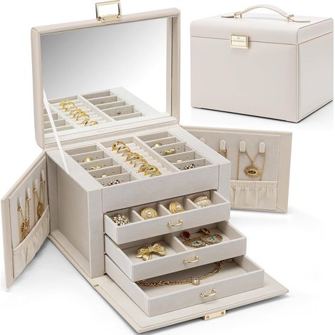 Grande Boite a Bijoux à 4 Niveaux Avec Miroir, cadeau femme, cuir PU (1/5)