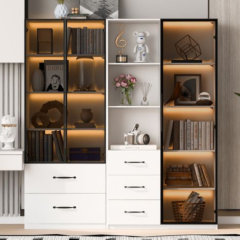 Vitrine LED de 140×40×160 cm, Rangement pour livres et armoire multifonctionnelle, avec des étagères en verre et des compartiments ouverts. Les poignées se ferment doucement. Lumière LED multicolore (1/4)