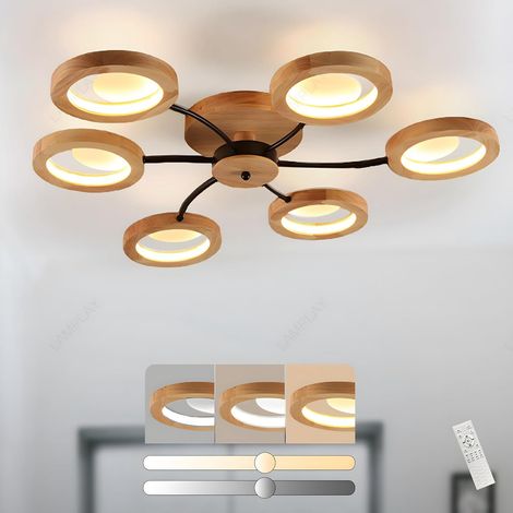 Modern LED Ceiling Light, Ceiling Light Diameter 94 cm Dimmable with Remote Control 3000K-6000K, Black Arm + 6 Wooden Rings, Metal Circle Lampshade, Living Room, Bedroom, Dining Room Office (1/5)
