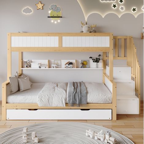 Litera infantil 252x128,5x148 cm blanca y natural, madera y MDF, con cama nido y armario (1/5)