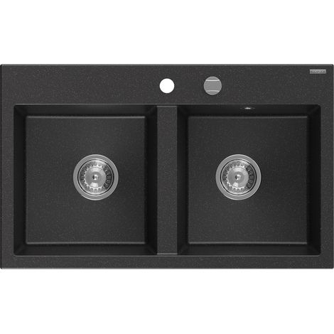Mexen Hektor lavello in granito a 2 vasche 800 x 480 mm, nero/argento metallizzato, sifone cromato - 6521802000-73