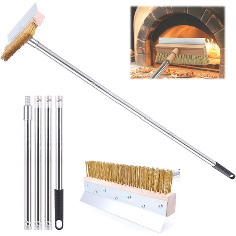80cm-160cm Pizzaofen Bürste Lang mit Messingbürste und Edelstahl Schaber, Abnehmbare 25cm Breite 4cm Hohe Messingbesen, Ofenbürste Pizzaofenschaber für Reinigen Pizzastein Pizzaöfen Smokern (1/5)
