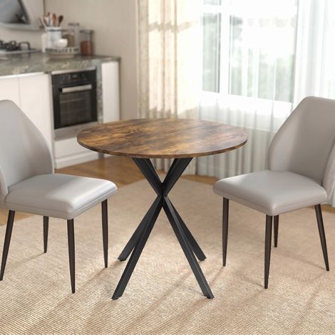 Table à Manger Ronde pour 2 Personnes avec Plateau Aspect Bois et Piètement Croisé en Acier, Brun Rustique (1/5)