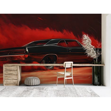 Papier peint voitures - coupé sport noir sur fond rouge abstrait - 150 x 250 cm (1/2)