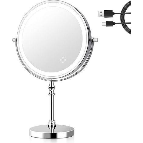 8 Inch Lighted Magnifying Mirror, 3 Colors Lighted Makeup Mirror, 1x/10x Magnification, USB Charging, 360° Rotating Tabletop Mirror, for Home and Bathroom (1/5)