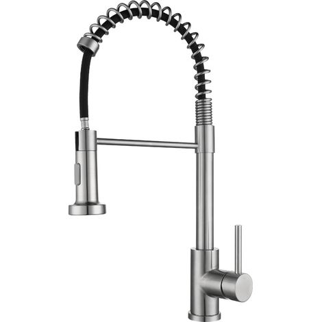 Robinet de cuisine avec pulvérisateur Rotation à 360° Robinet de cuisine à ressort 2 modes de pulvérisation avec tuyau Robinet à levier unique Éviers d'eau chaude et froide disponibles (noir et argent (1/2)